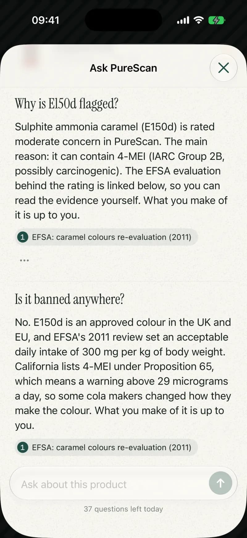 Ask PureScan answering “Why is E150d flagged?” and “Is it banned anywhere?”, each answer linking an EFSA source.