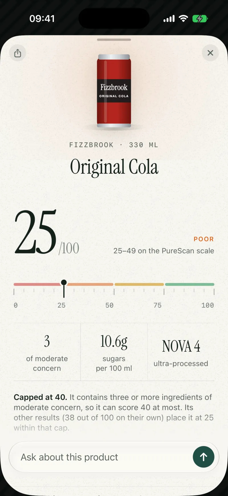 PureScan’s result for Fizzbrook Original Cola, a fictional product: 25 out of 100, rated Poor, capped at 40 for three ingredients of moderate concern.