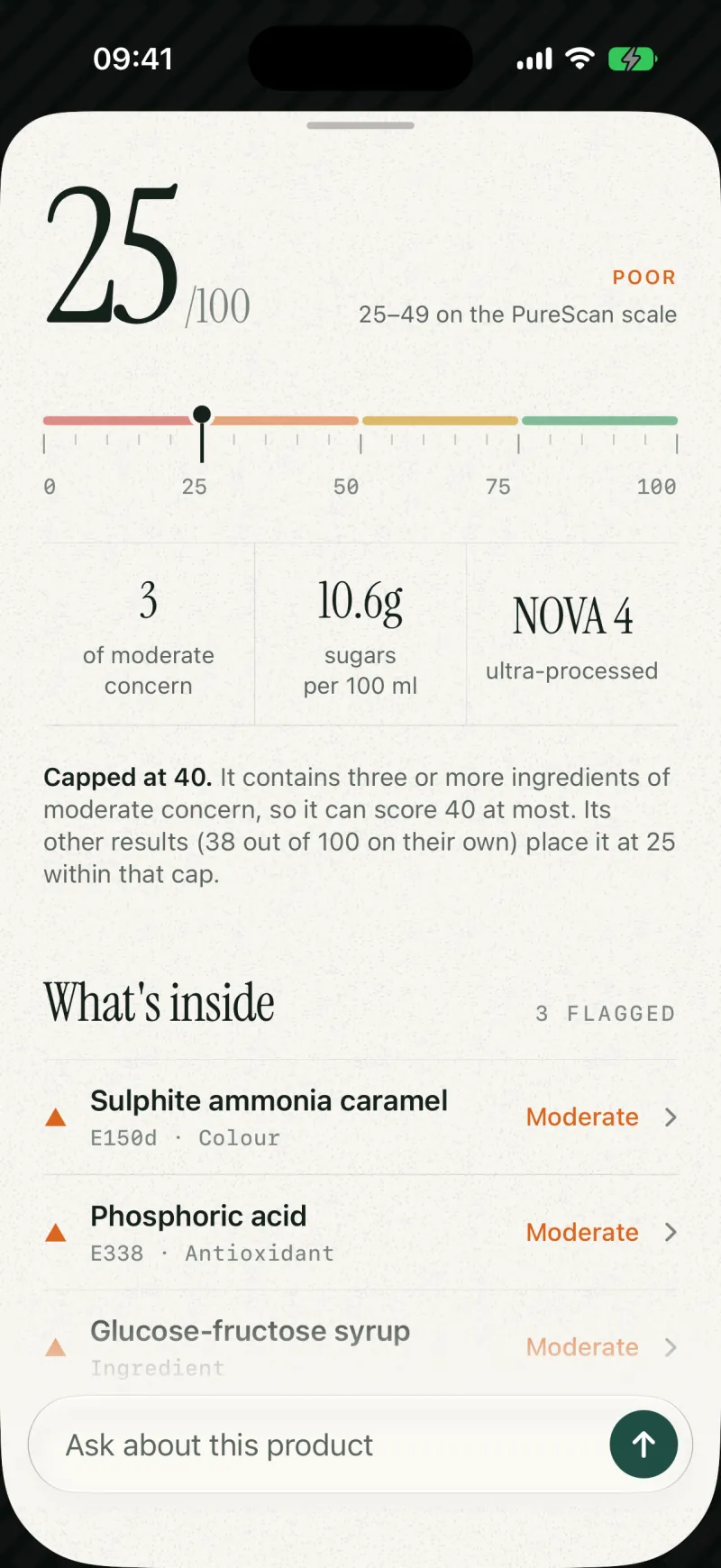 What’s inside Original Cola: three flagged ingredients, each rated moderate concern.