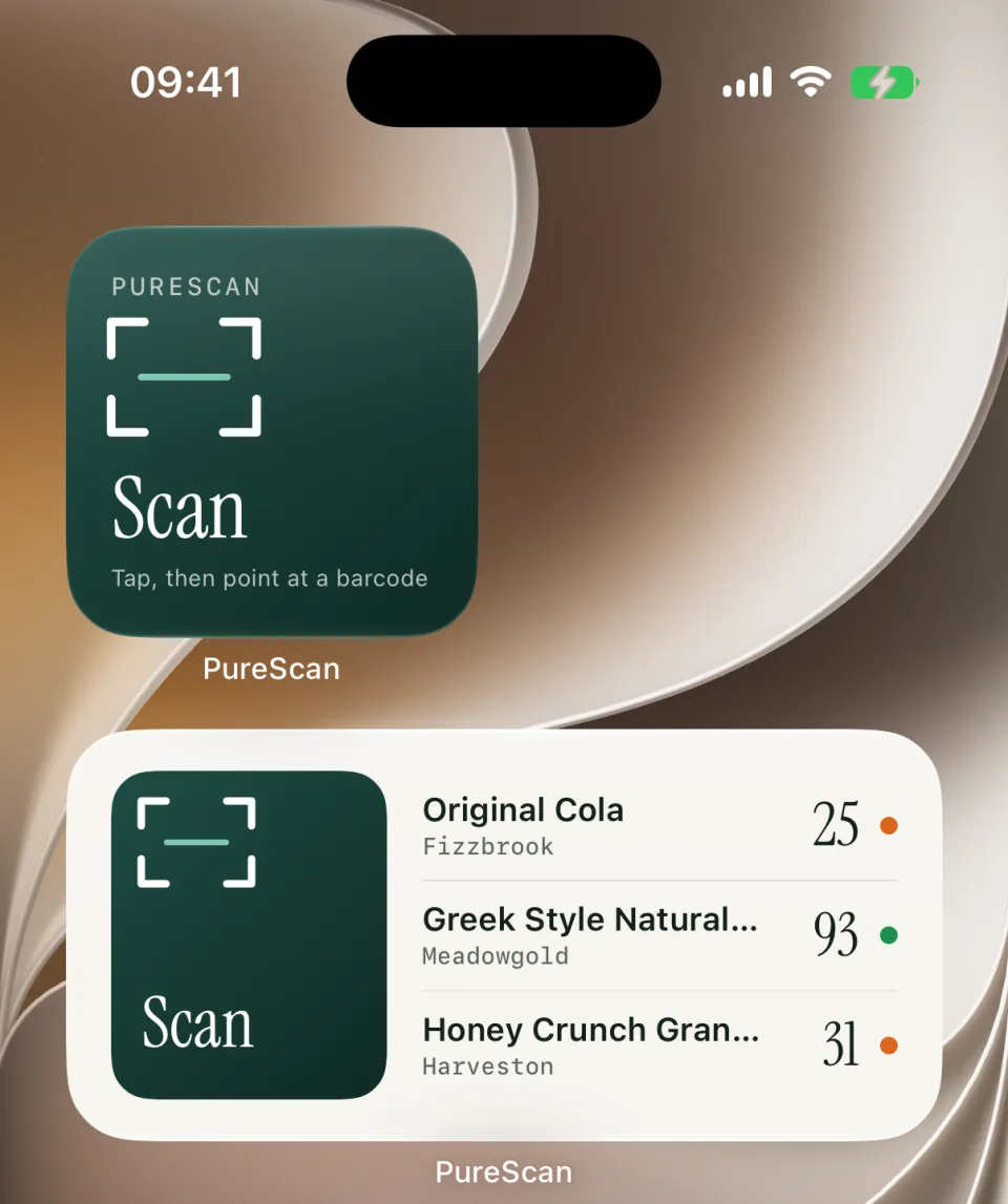 An iPhone Home Screen with PureScan’s Scan widget and a widget listing recent scores.
